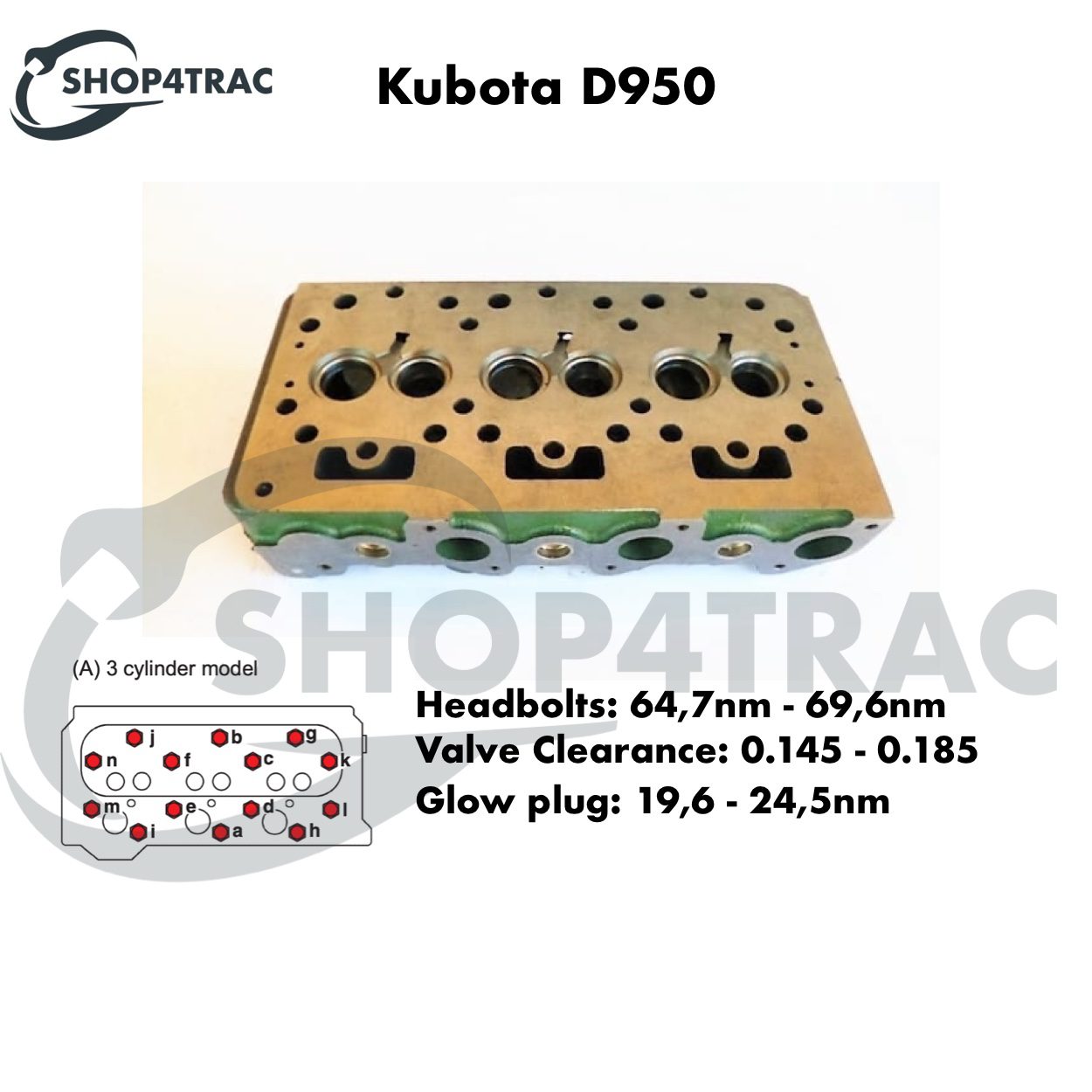 Cilinderkop Kubota D850 | D850BH | D950 | D950SB | D950-FM | D950 | 3D75 - Afbeelding 7